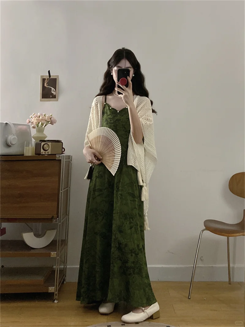 大码胖mm绿色印花吊带连衣裙女夏季裙子外