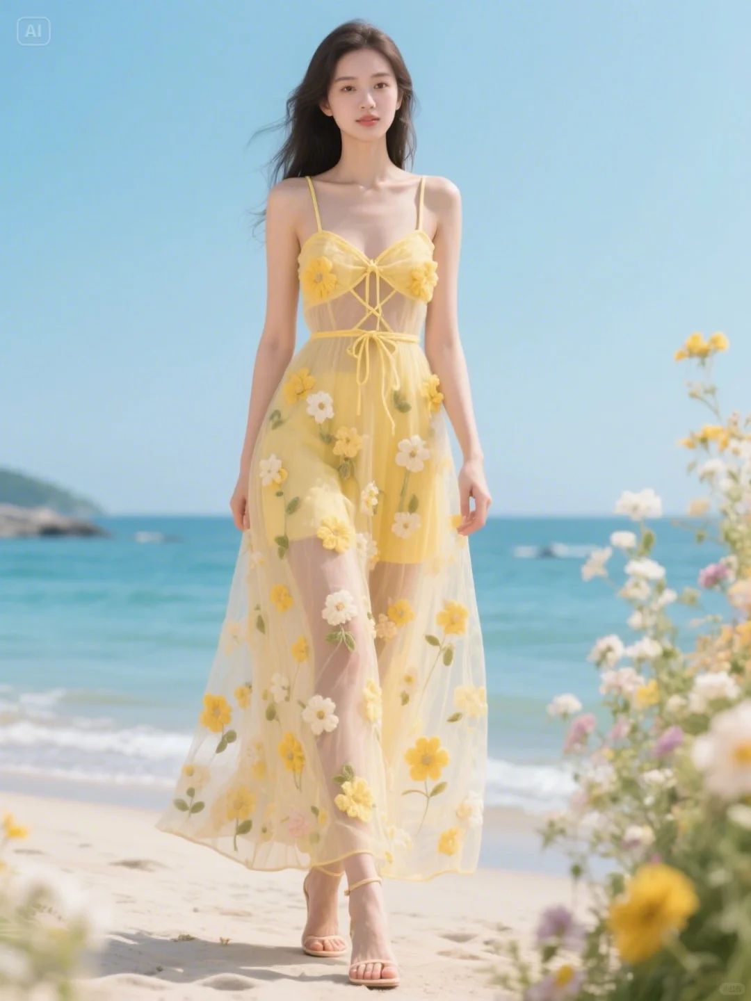 海边黄色花朵裙子