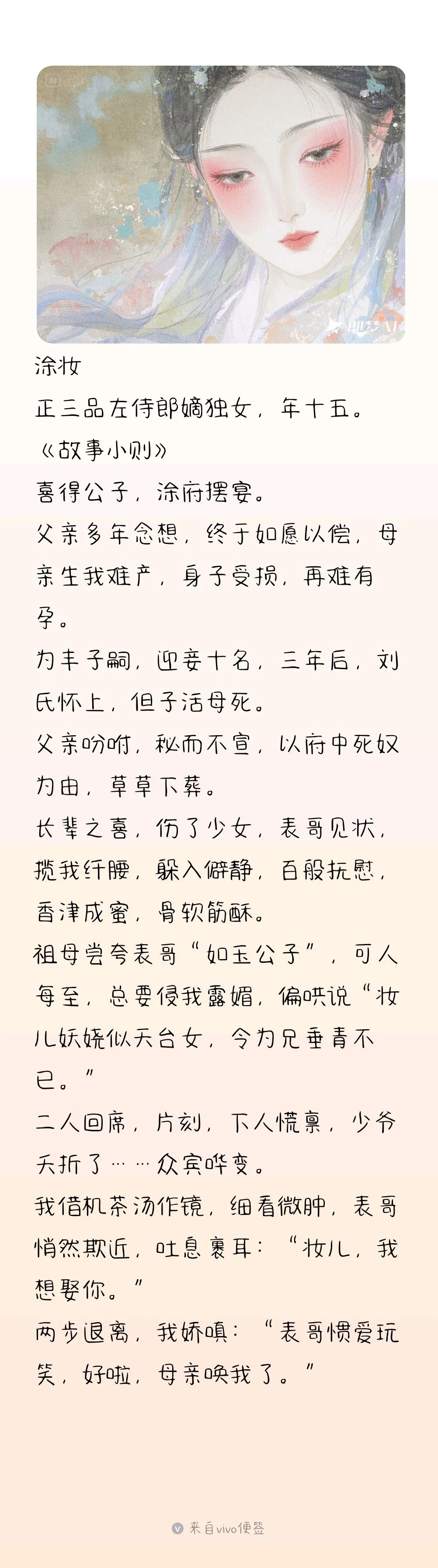 涂妆：妆儿妖娆似天台女，令为兄垂青不已