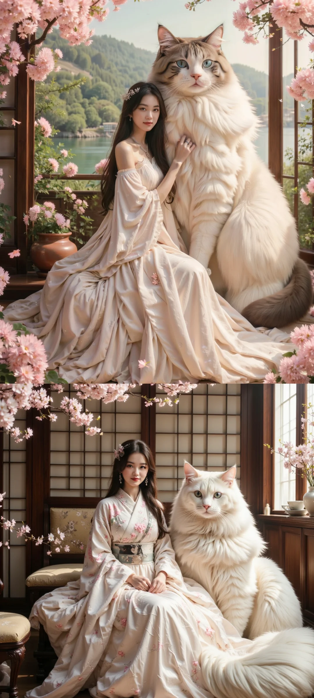 LoRA训练｜AI 生成的美女与大猫的合影