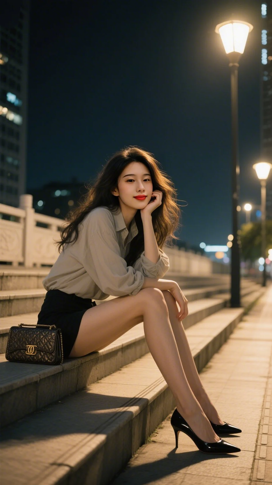 夜晚路灯下美女性感的时尚穿搭令人回味无穷