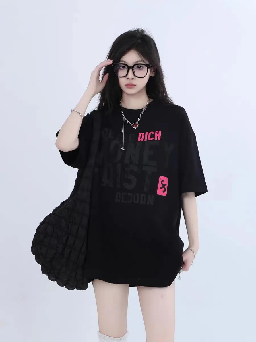 黎帮主美式复古撞色字母黑色短袖t恤女小众