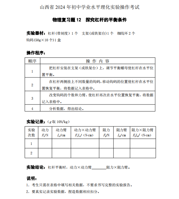 2024中考理化实验——探究杠杆的平衡条件 第1张