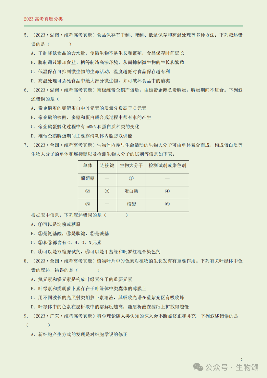 高考专题训练(打卡第1天) l 细胞的结构与分子组成 第2张