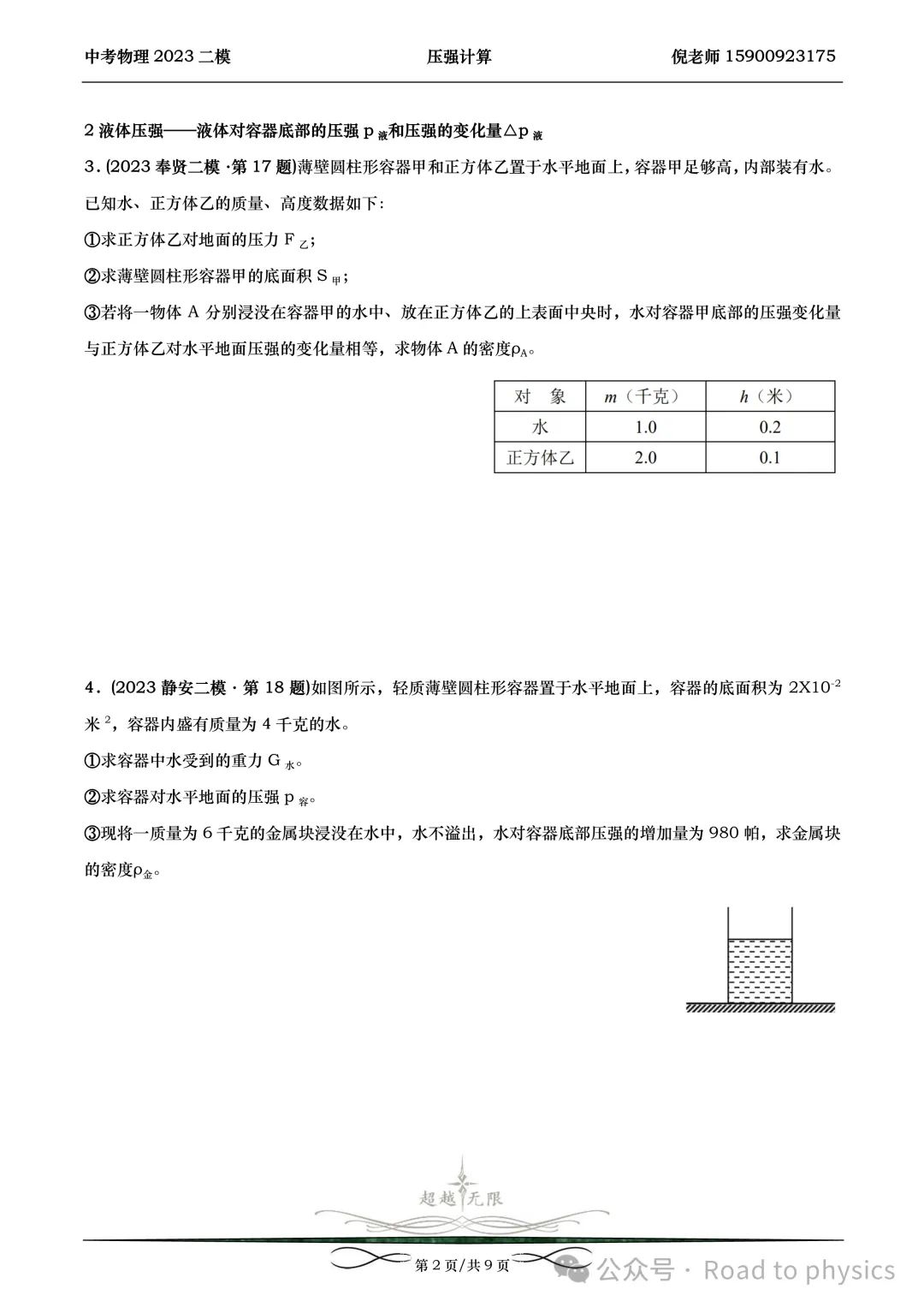 2023届上海中考物理二模分类汇编-压强计算 第2张