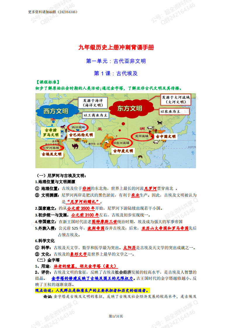 中考历史复习九年级历史上册冲刺背诵手册(pdf分享) 第1张