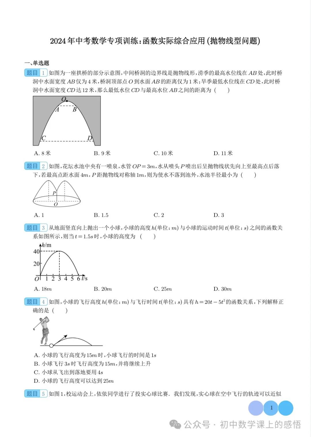 河北中考:90 天!2024年中考数学专项训练:函数实际综合应用(抛物线型问题) 第1张