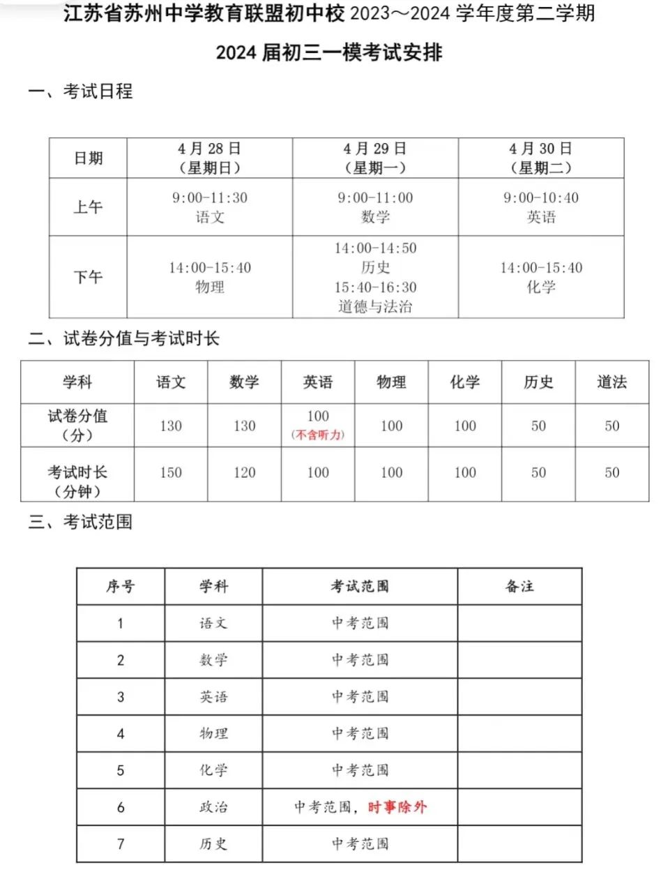 一模提前!三区统考?2024苏州中考这些考试安排请注意! 第3张