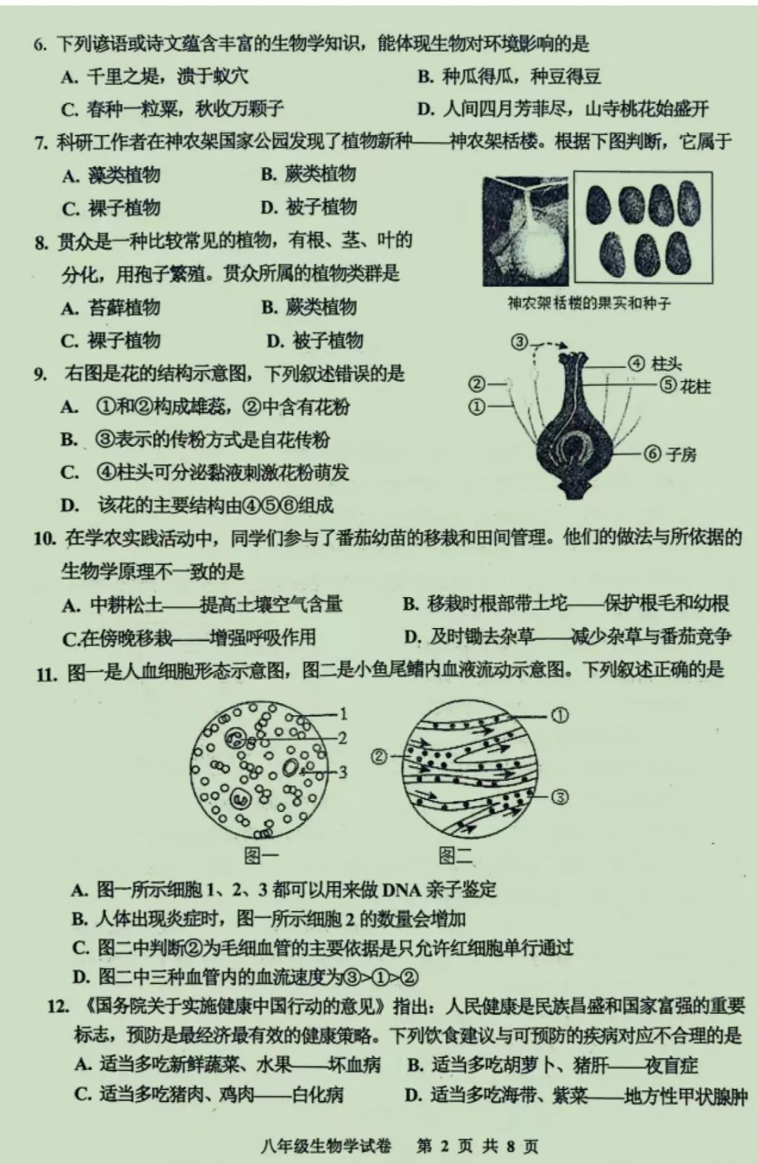 中考生物 | 2024河北省唐山市路南区八年级学考模拟题含答案 第4张