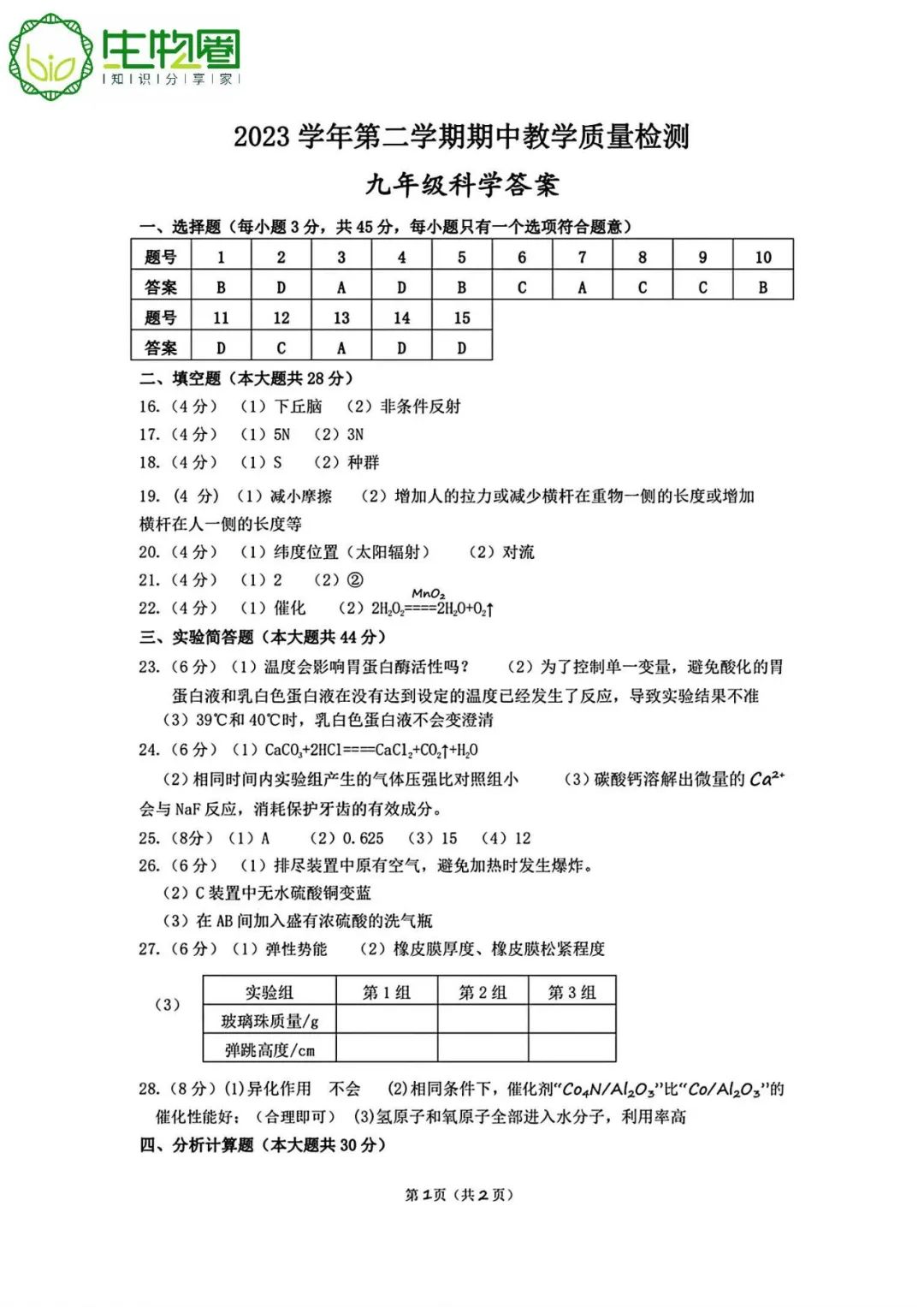 杭州中考 | 淳安2024年中考一模科学试题卷及答案 第9张