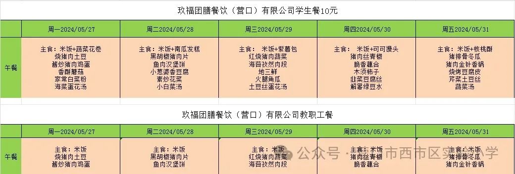 【西市区实验小学】午餐食谱 第2张