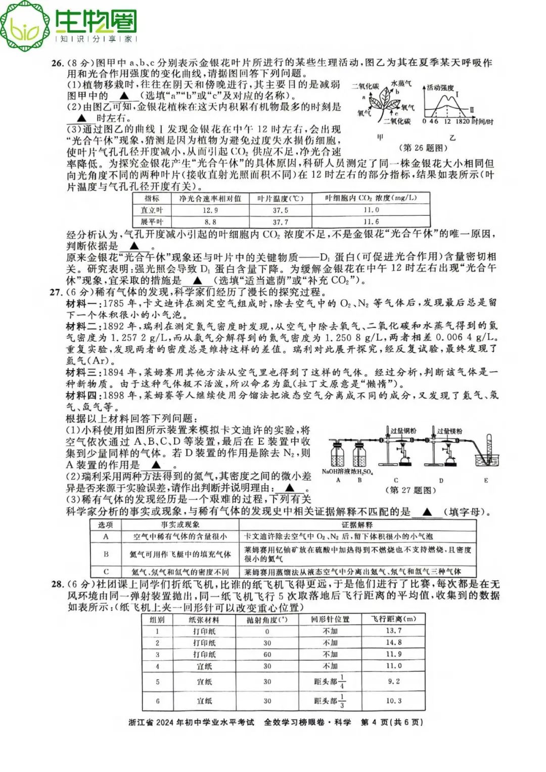 杭州中考 | 浙江省2024年初中学业水平考试全效学习榜眼卷科学试题卷(含答案) 第4张