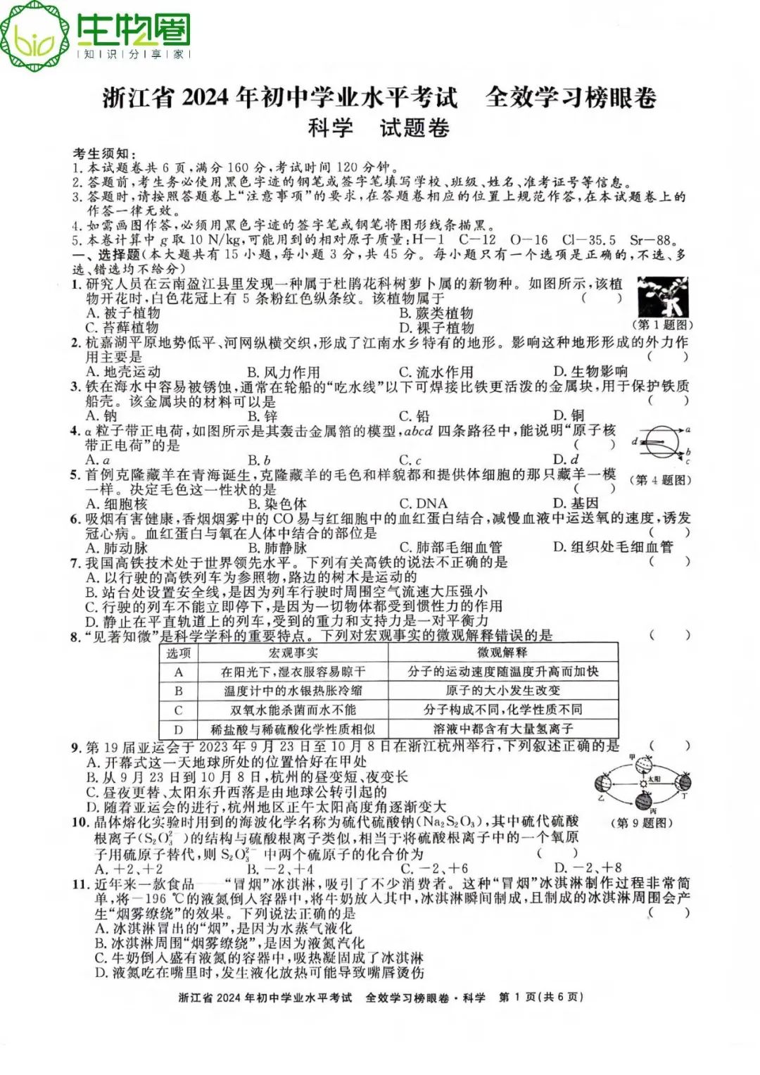 杭州中考 | 浙江省2024年初中学业水平考试全效学习榜眼卷科学试题卷(含答案) 第1张