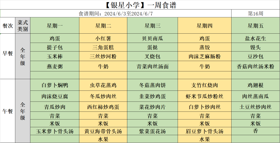 【银星小学】第十六周食谱 第4张