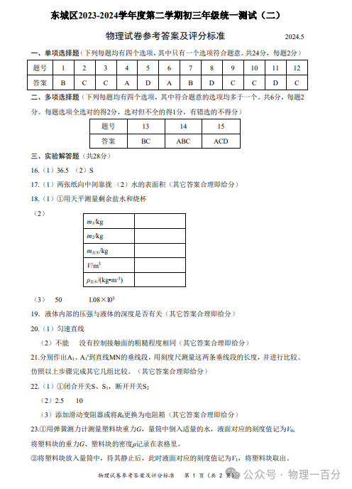 2024北京东城区中考物理二模试卷及参考答案 第10张