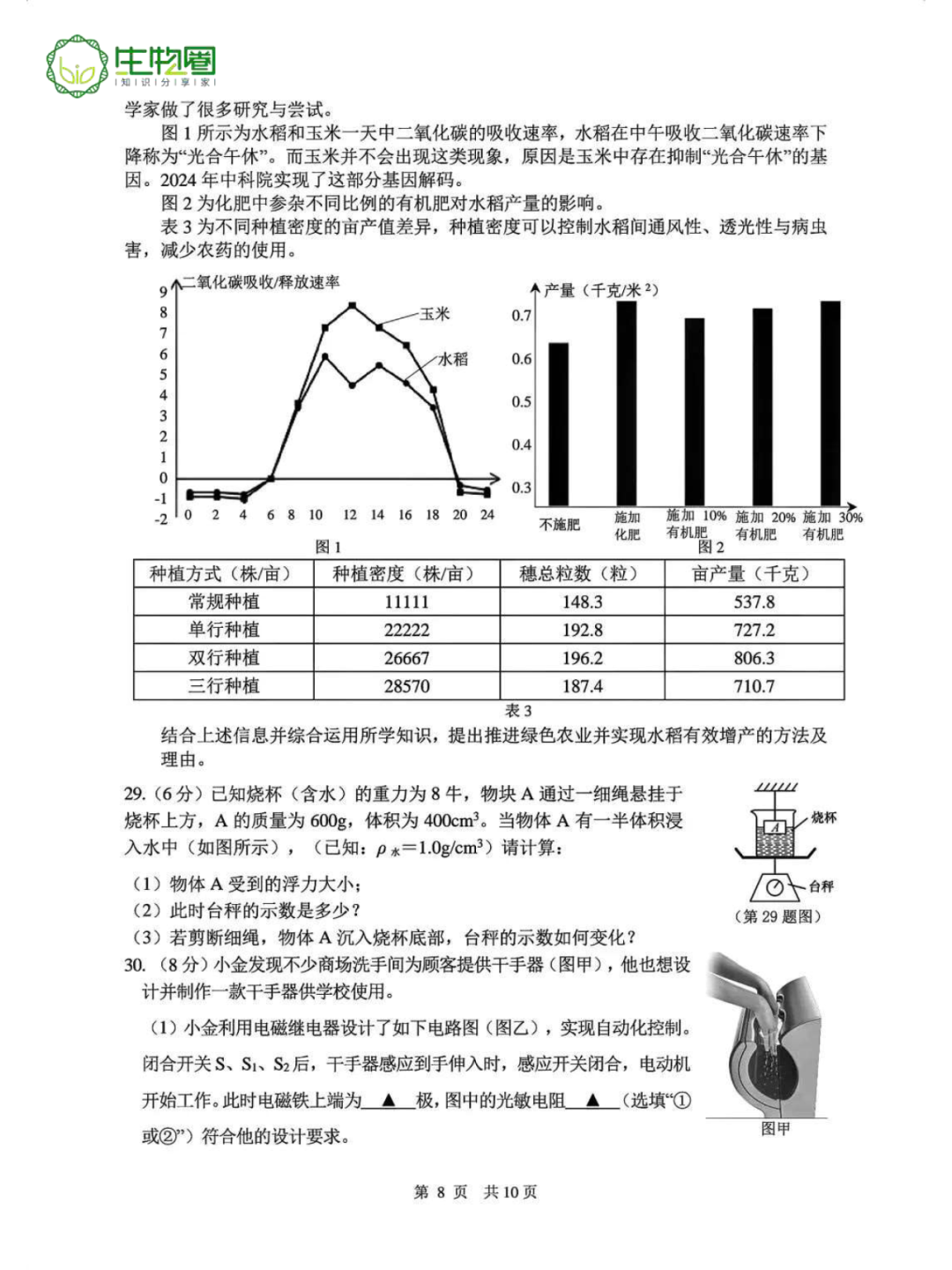 中考二模 | 杭州上城区科学试题及答案 第8张