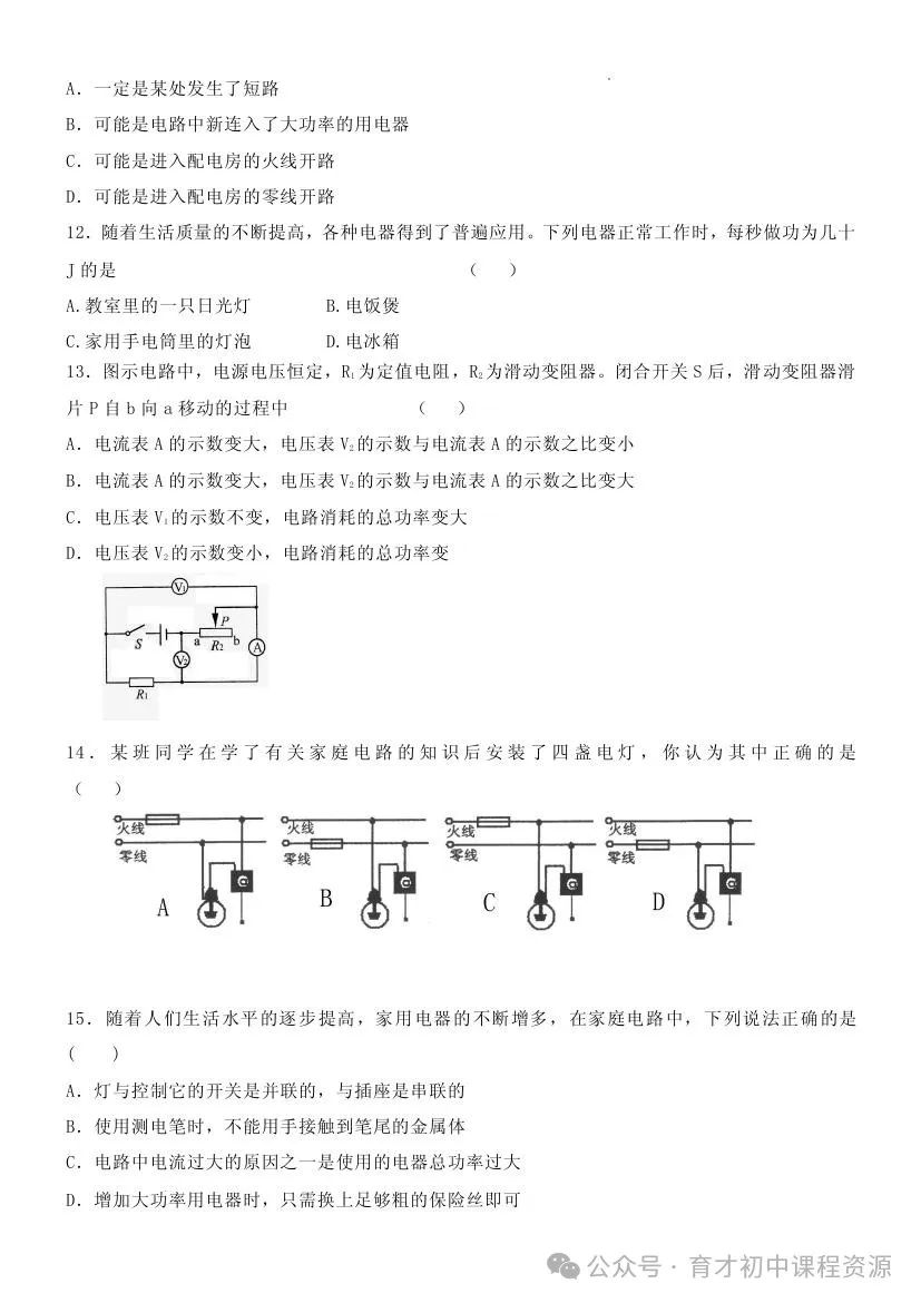 中考物理复习——电学模拟试题 第8张