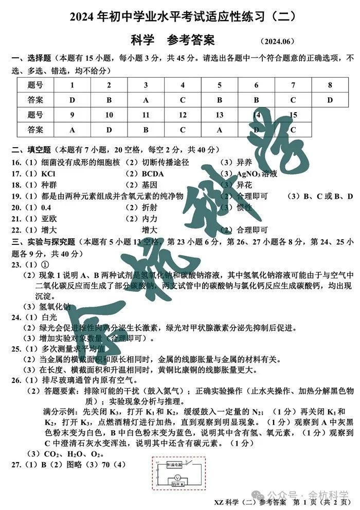 浙江省嘉兴市2024年中考适应性练习(二)科学试题(含答案) 第10张