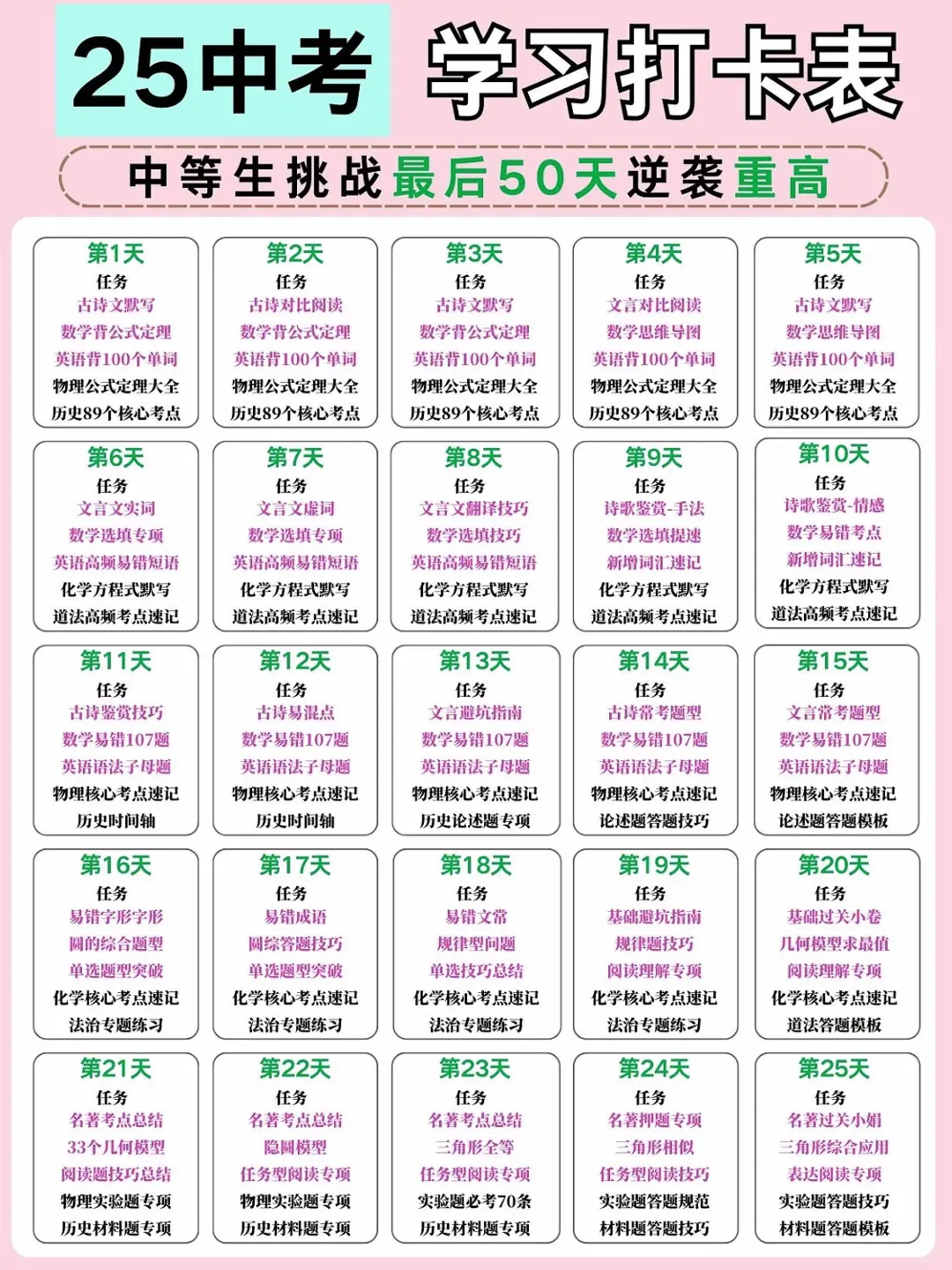 初三最后50天，中等生逆袭重高复习打卡表❗ 第4张