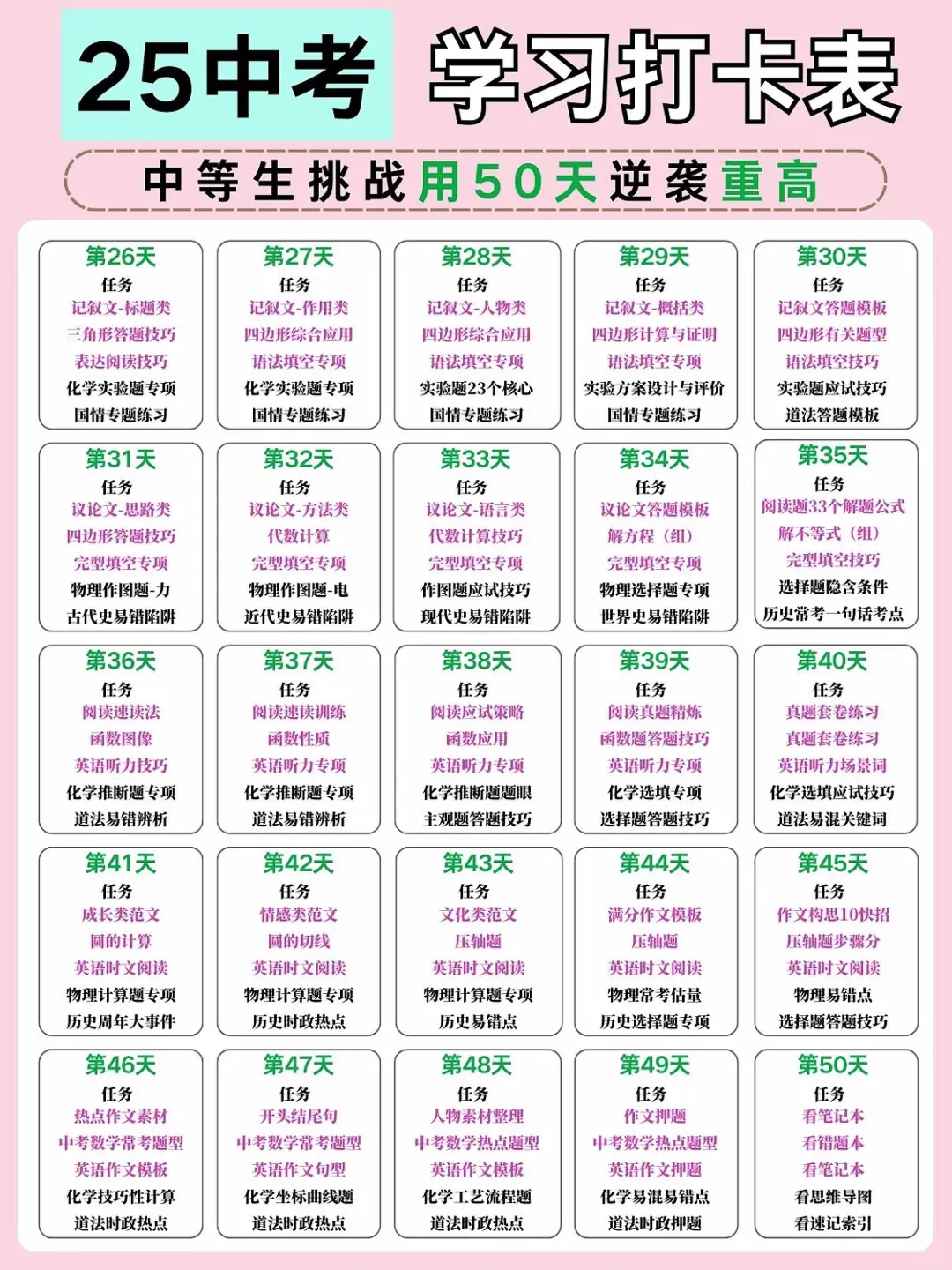 初三最后50天，中等生逆袭重高复习打卡表❗ 第3张