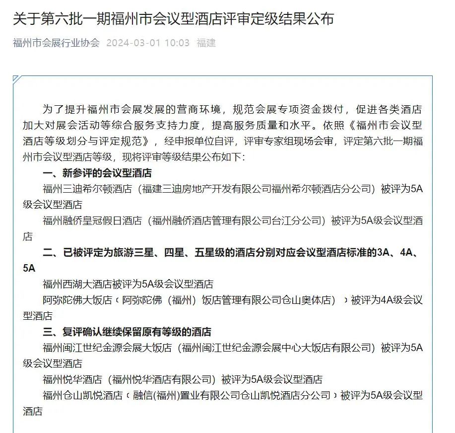 【商业】最新评定!福州多家酒店获评5A级(附名单)