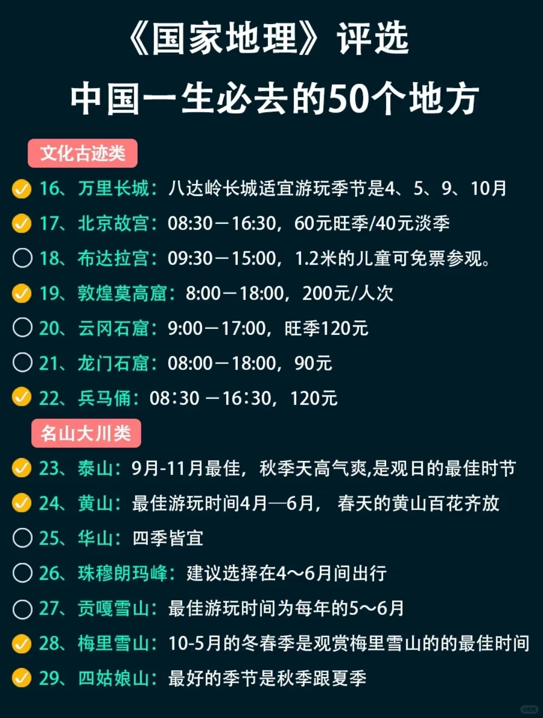 旅行必去50地！重点看打✓！