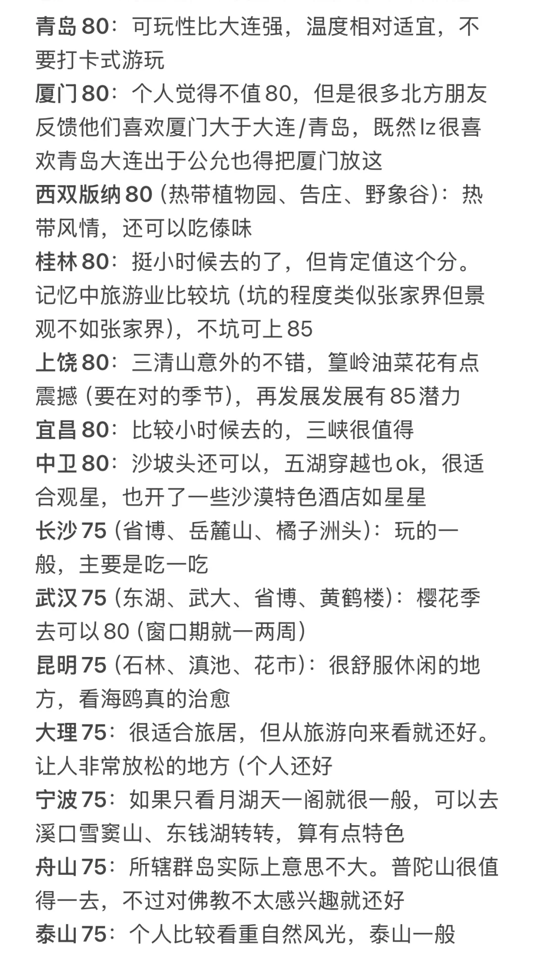 对去过的国内城市打分（旅游向）