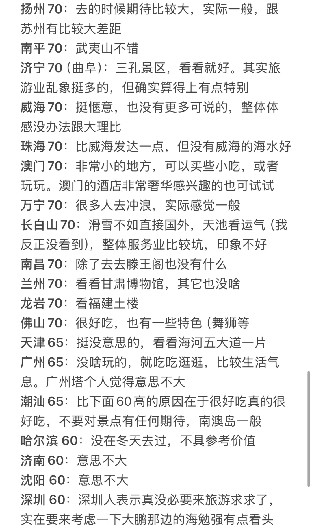 对去过的国内城市打分（旅游向）