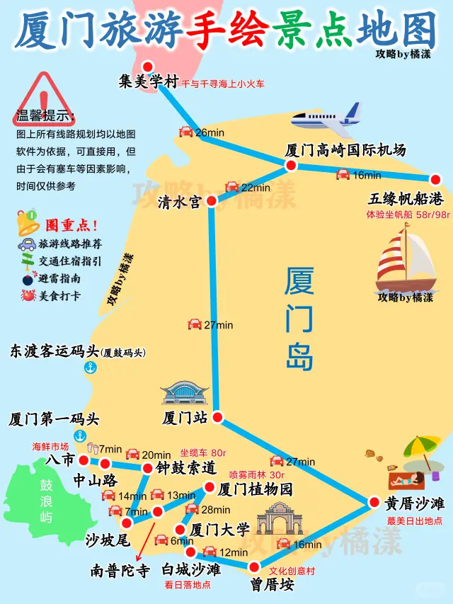 厦门旅游手绘景点分布图🔥附详细攻略🌟