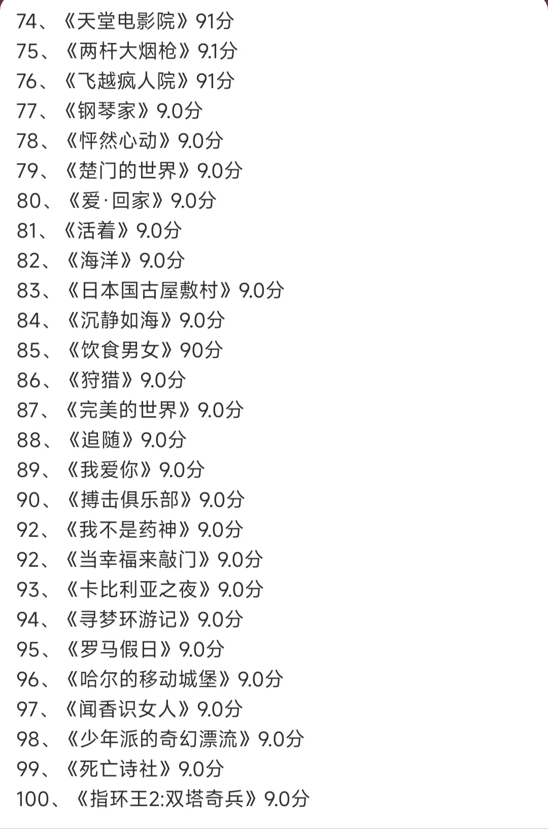 豆瓣评分超过9.0的一百部电影