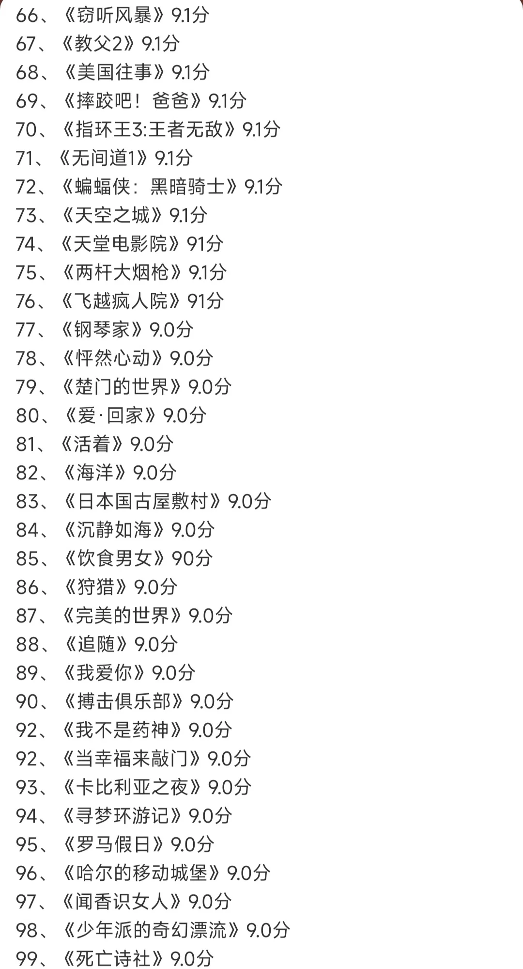 豆瓣评分超过9.0的一百部电影