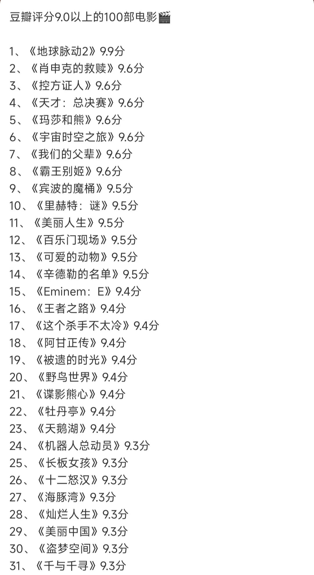 豆瓣评分超过9.0的一百部电影