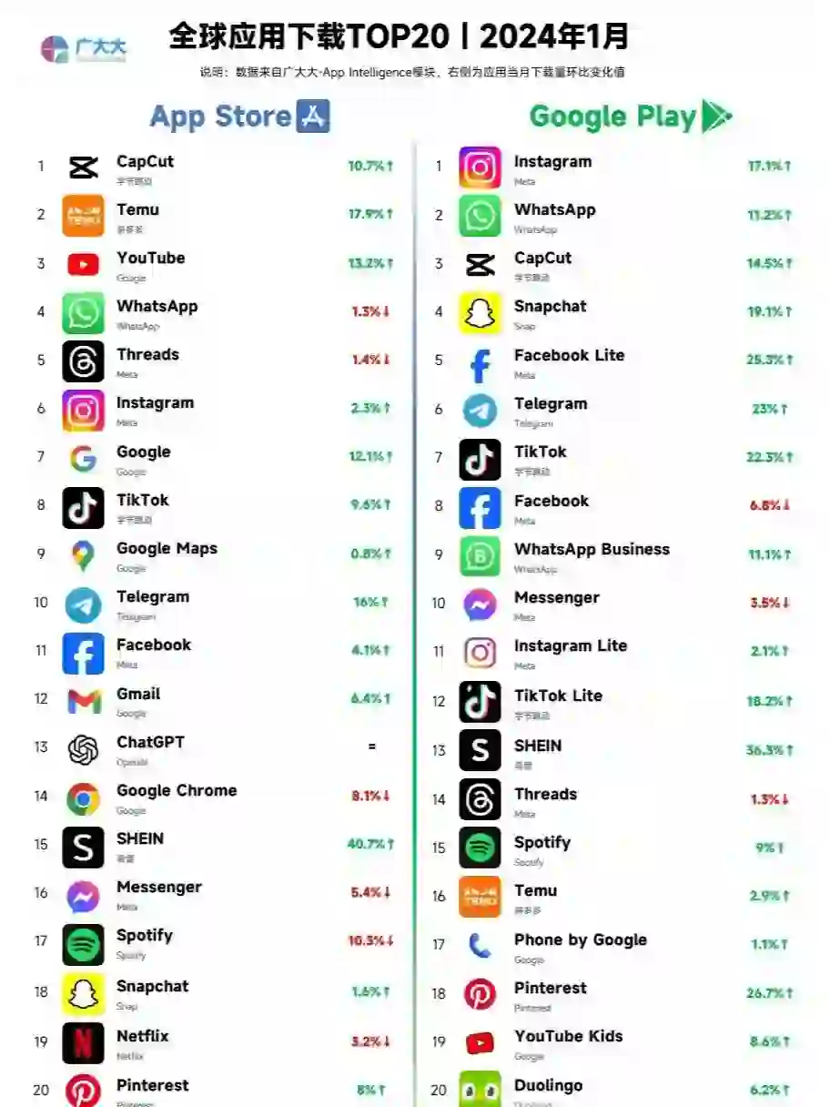 全球应用下载TOP20|2024年1月