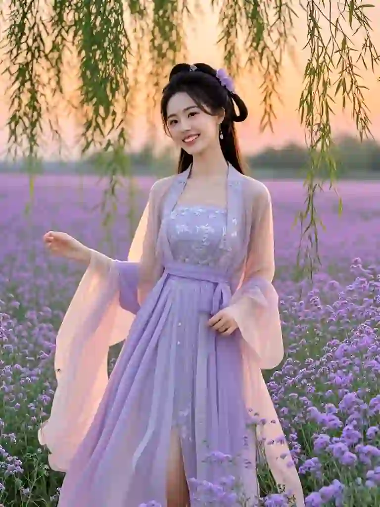 汉服美女与美丽的花海碰撞