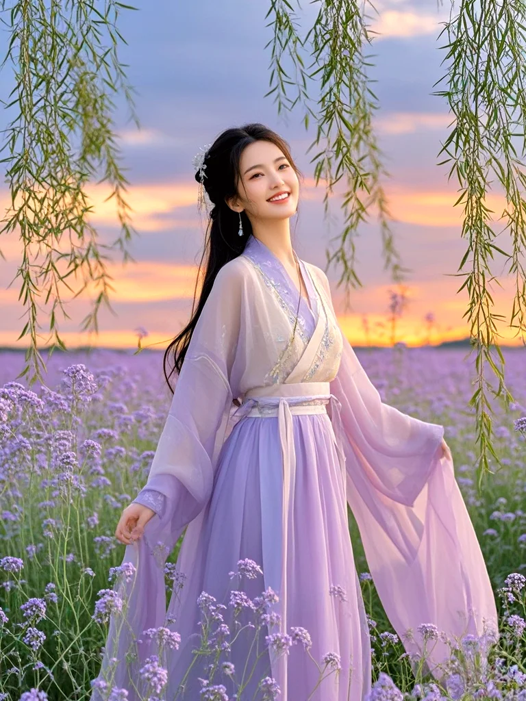 汉服美女与美丽的花海碰撞