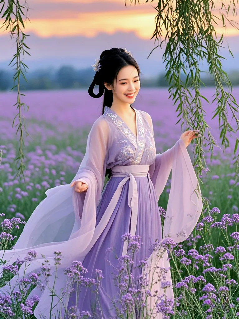 汉服美女与美丽的花海碰撞