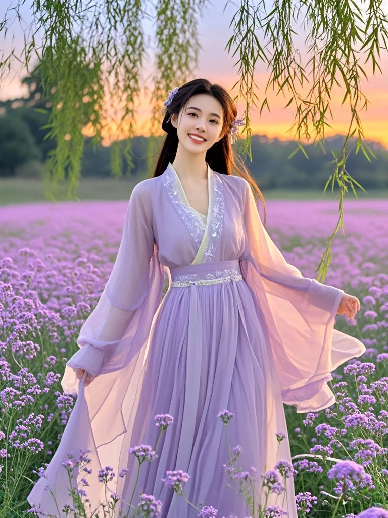 汉服美女与美丽的花海碰撞