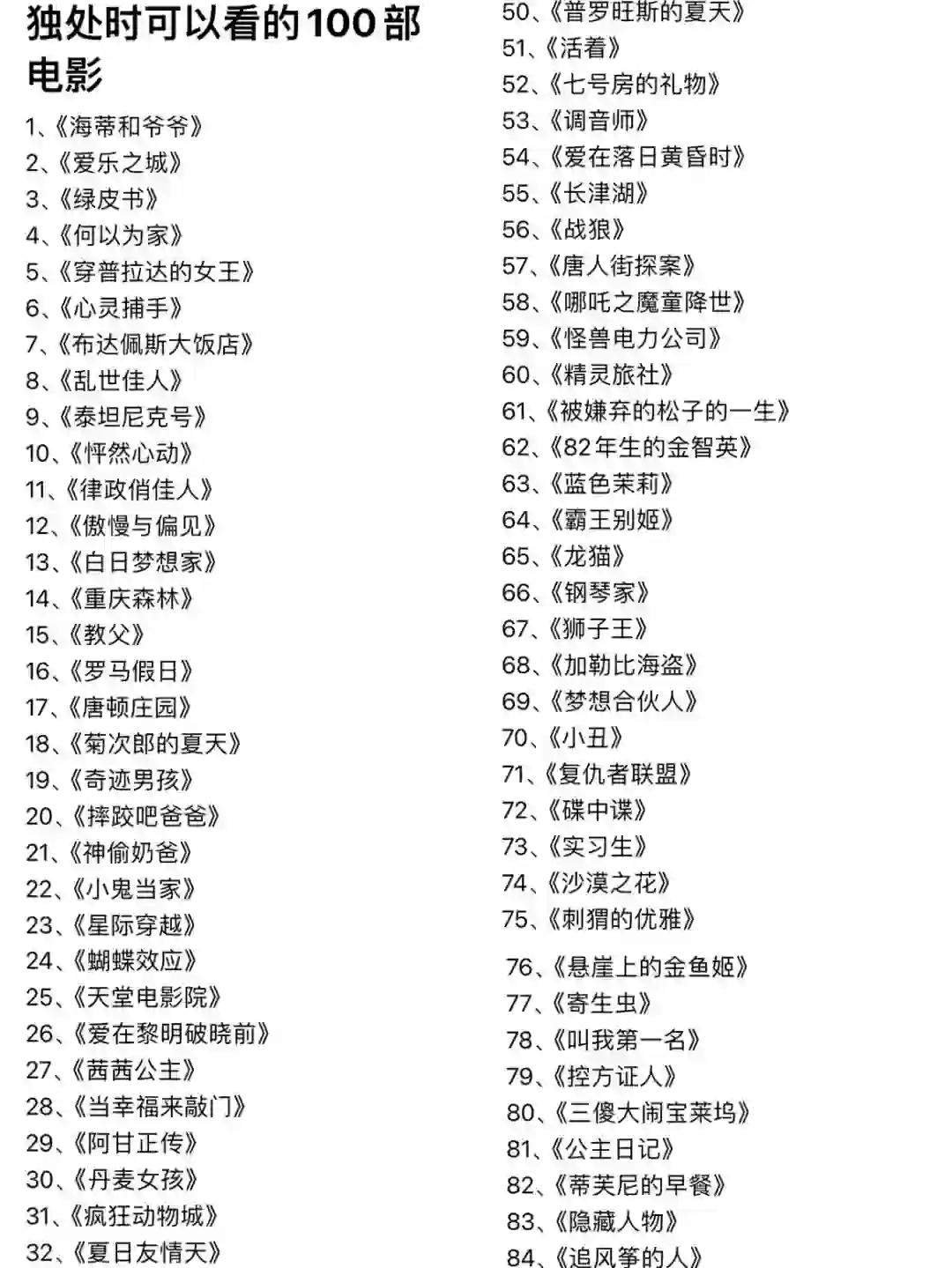 独处时可以看的100部电影