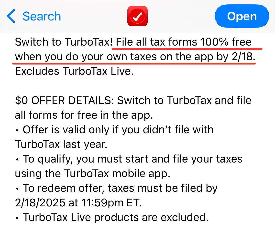 Turbo Tax APP 2/18/25之前免费报税