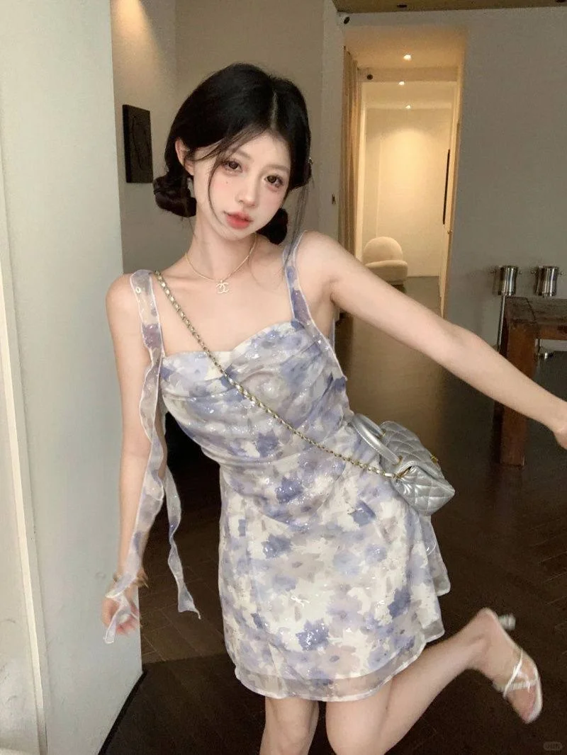 度假风法式扎染碎花性感吊带连衣裙.