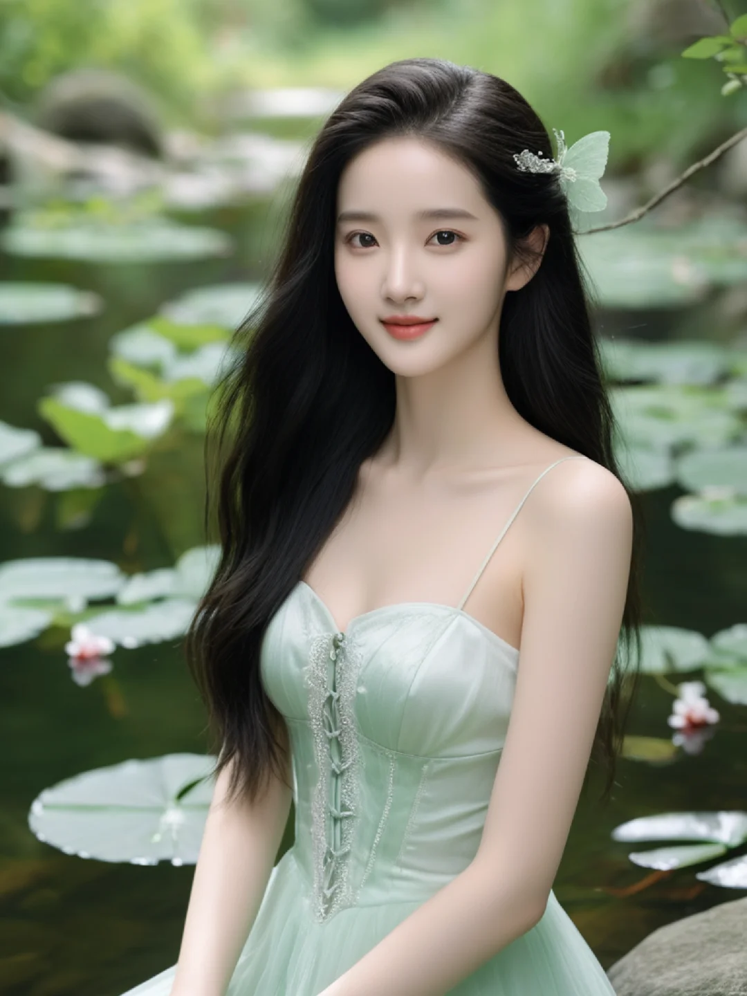 仙女般绿色长裙，红唇笑颜，治愈美女来啦