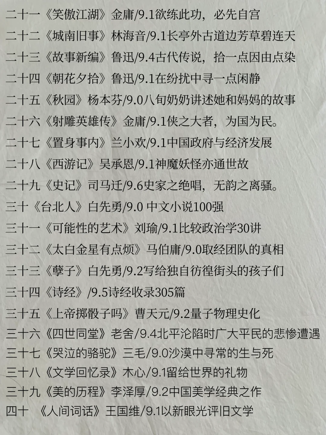 豆瓣9.0以上高分书单整理（国内文学）