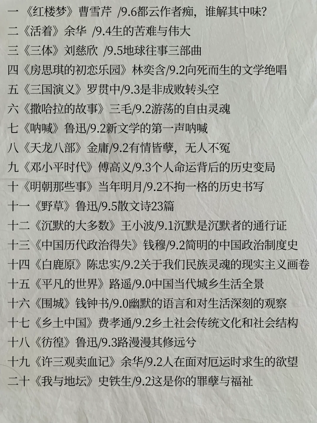 豆瓣9.0以上高分书单整理（国内文学）