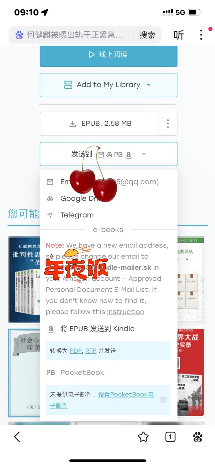 求助，无法从Z library直接发送文件到kindle