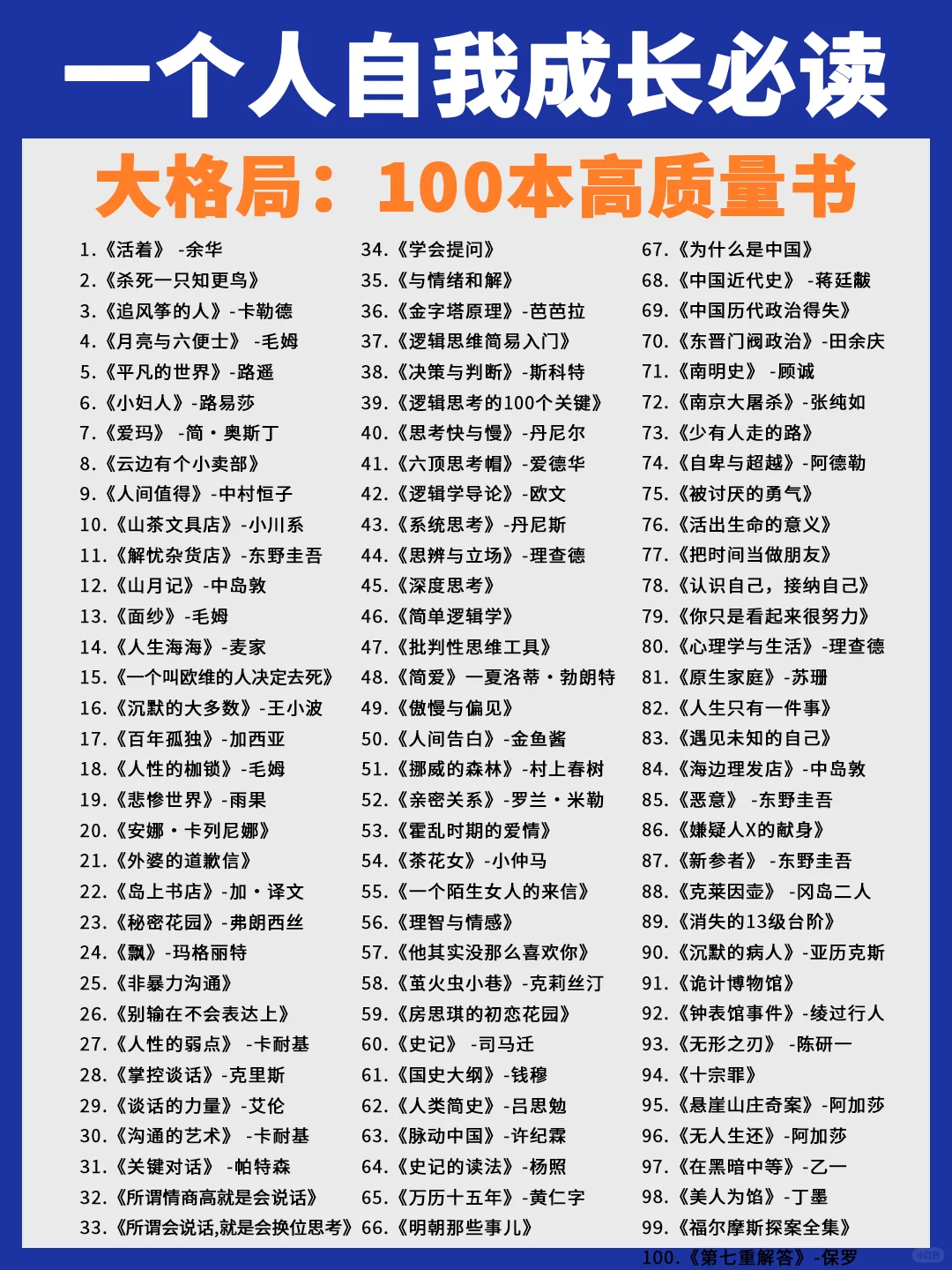 大格局！100本高质量书单！自我成长必读