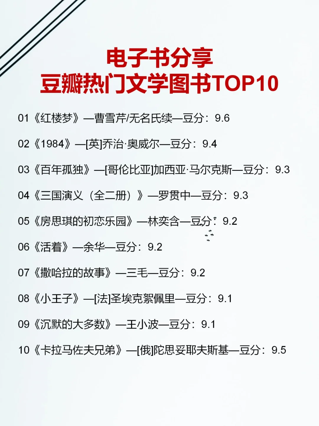 免费电子书 | 豆瓣热门文学图书TOP10