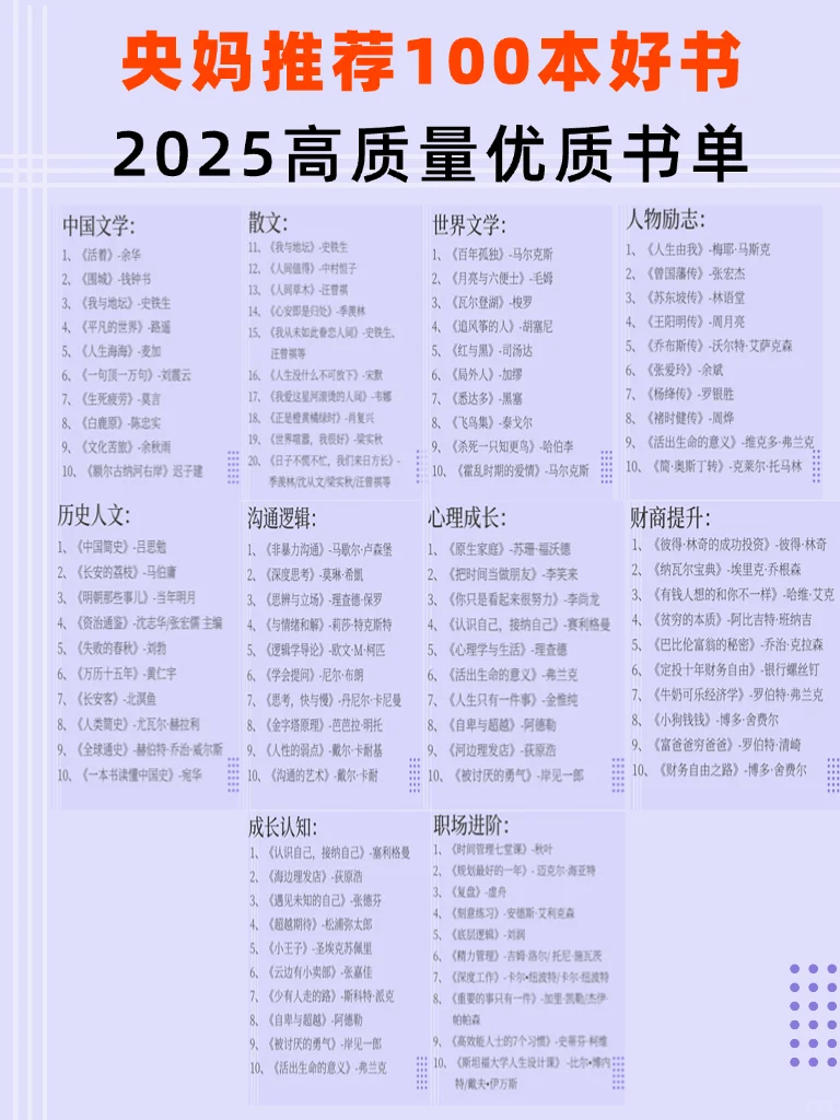 央妈推荐100本高质量书单