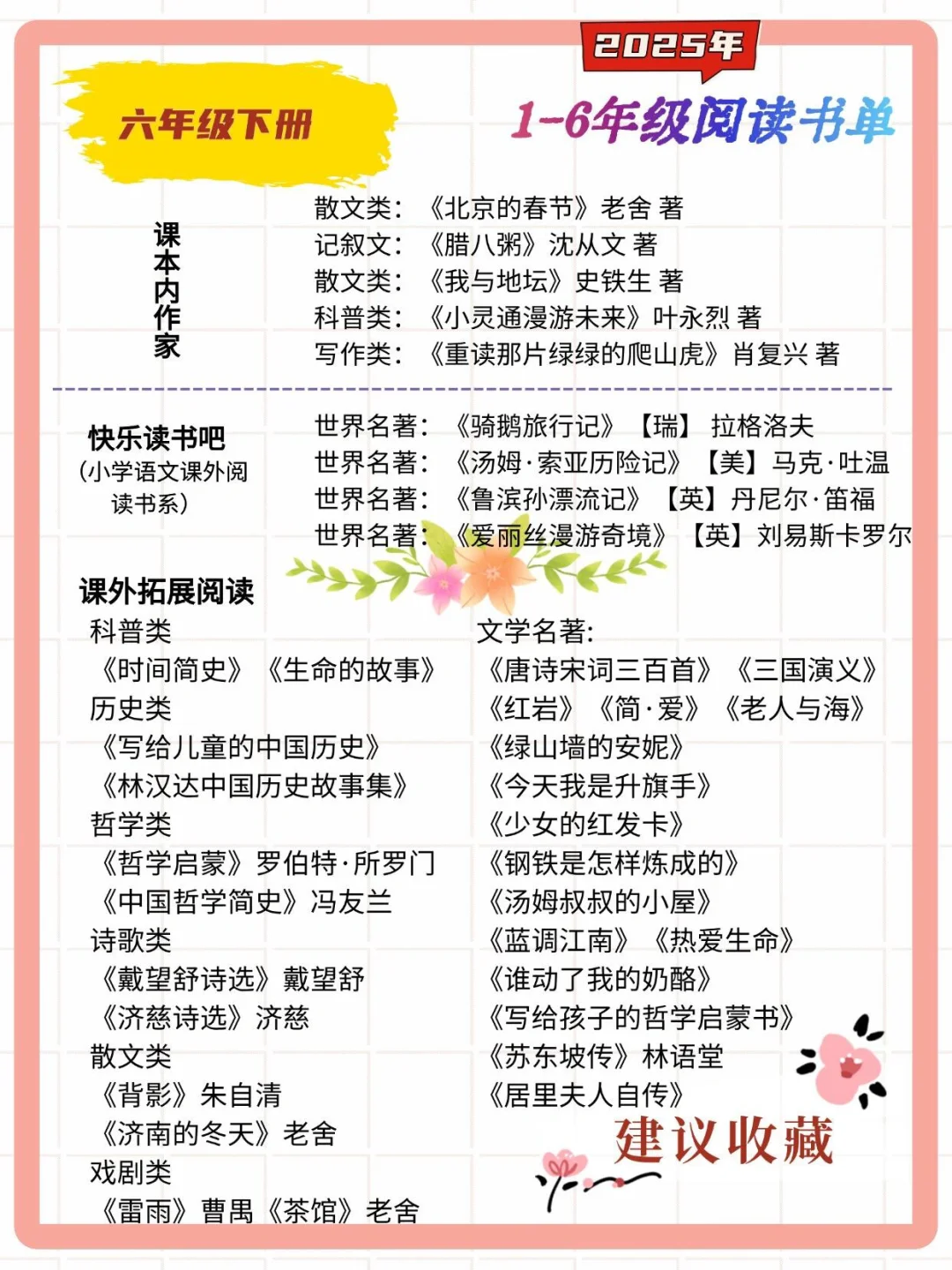 清华附小2025推荐1-6年级必读书单