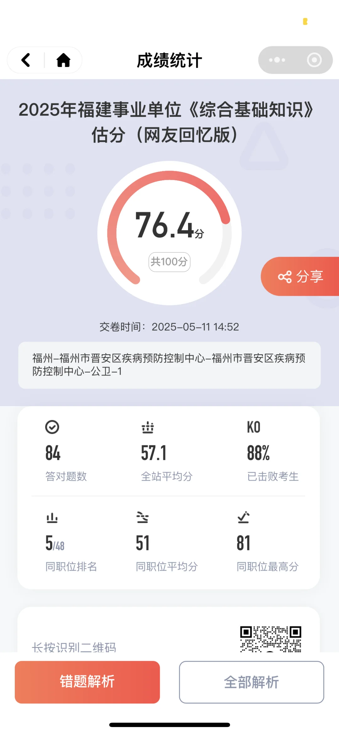 对完了！居然跟预测分差不多！！