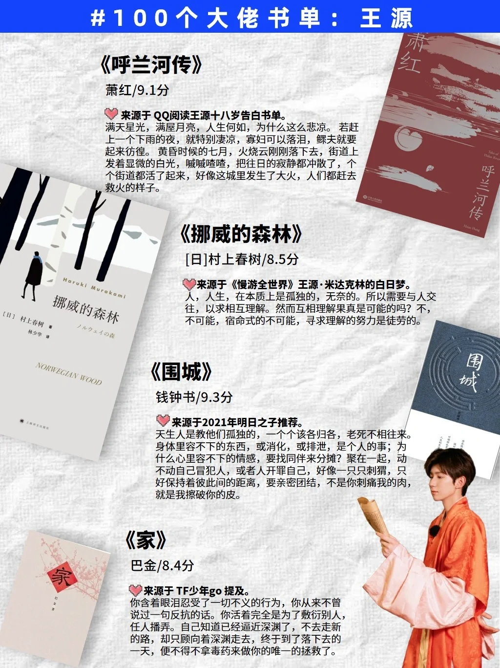 女生们请反复读王源推荐的76本书!!!